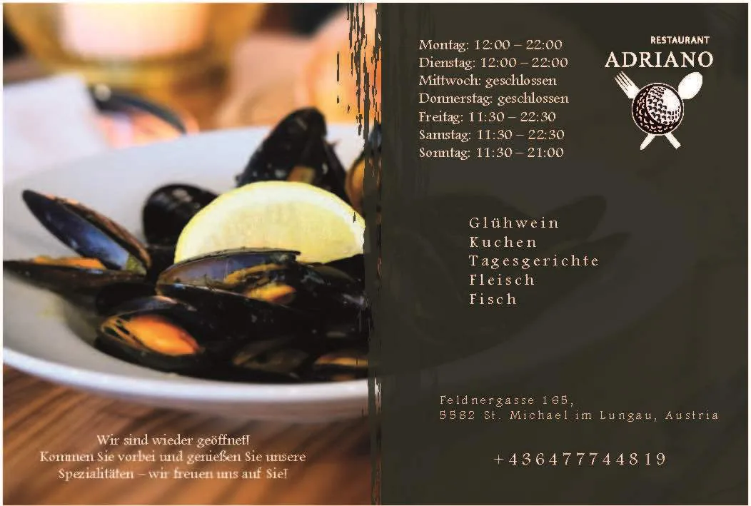 Adriano Restaurant — promotional flyer